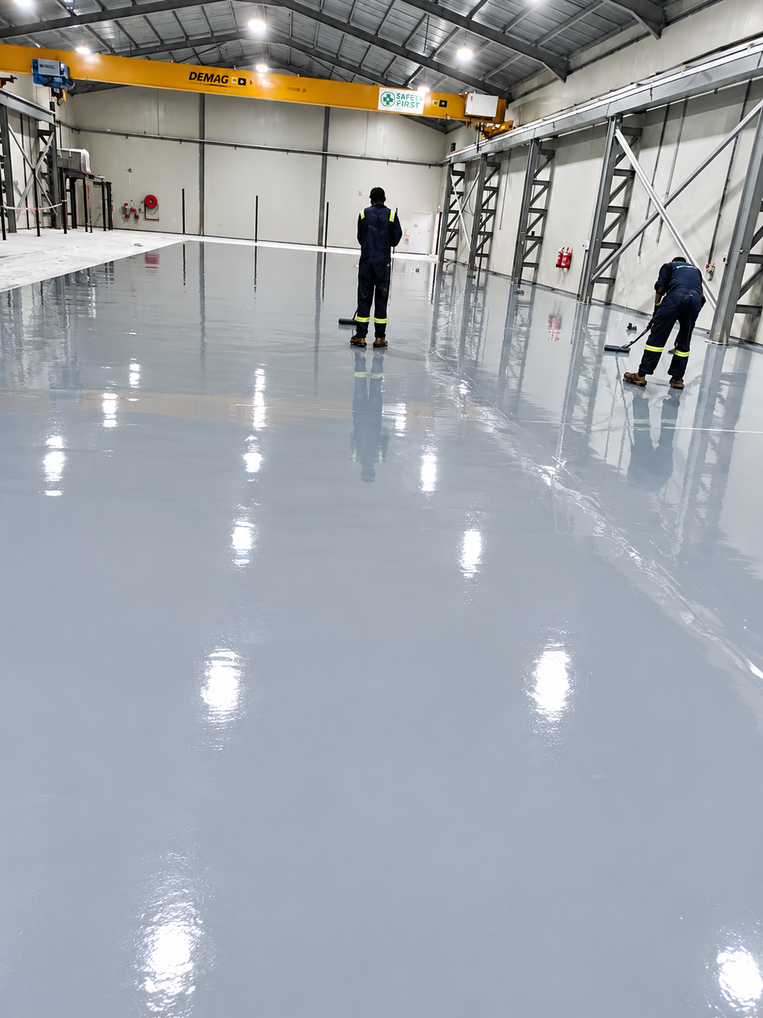 Epoxy flooring application and finished epoxy floor